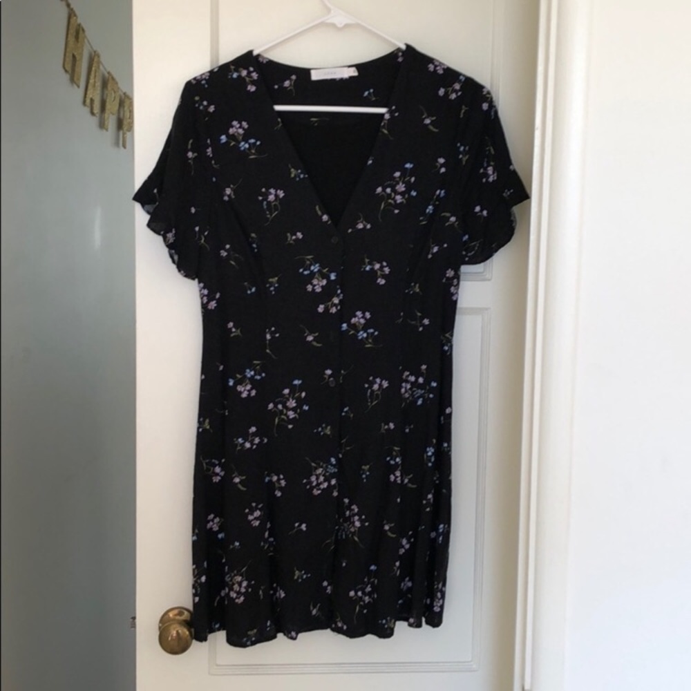 Button up black floral v-neck dress